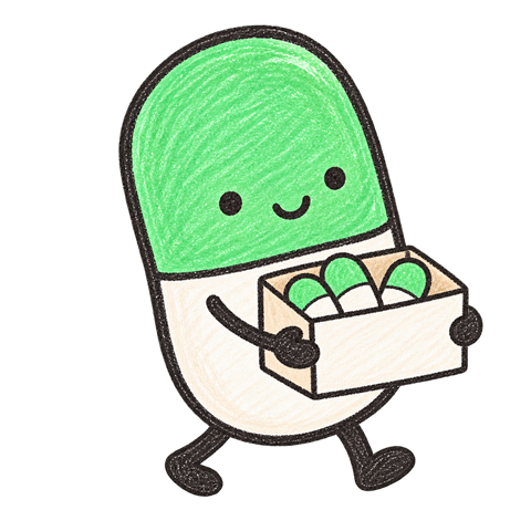 The Pillbox mascot carrying a little box